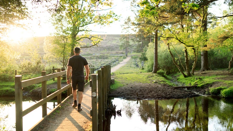 A walker crosses a wooden bridge over a span of water, walking towards a footpath through the countryside in the New Forest with autumnal trees on the other side of the bank